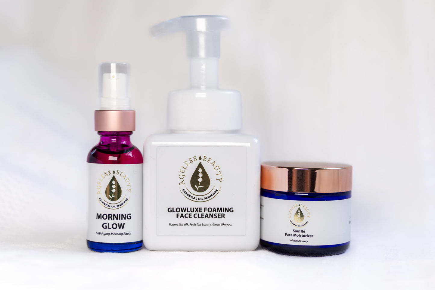 AGELESS BEAUTY LINE BUNDLE - Glowluxe Foaming Face Cleanser, Morning Glow, & Souffle Face Moisturizer
